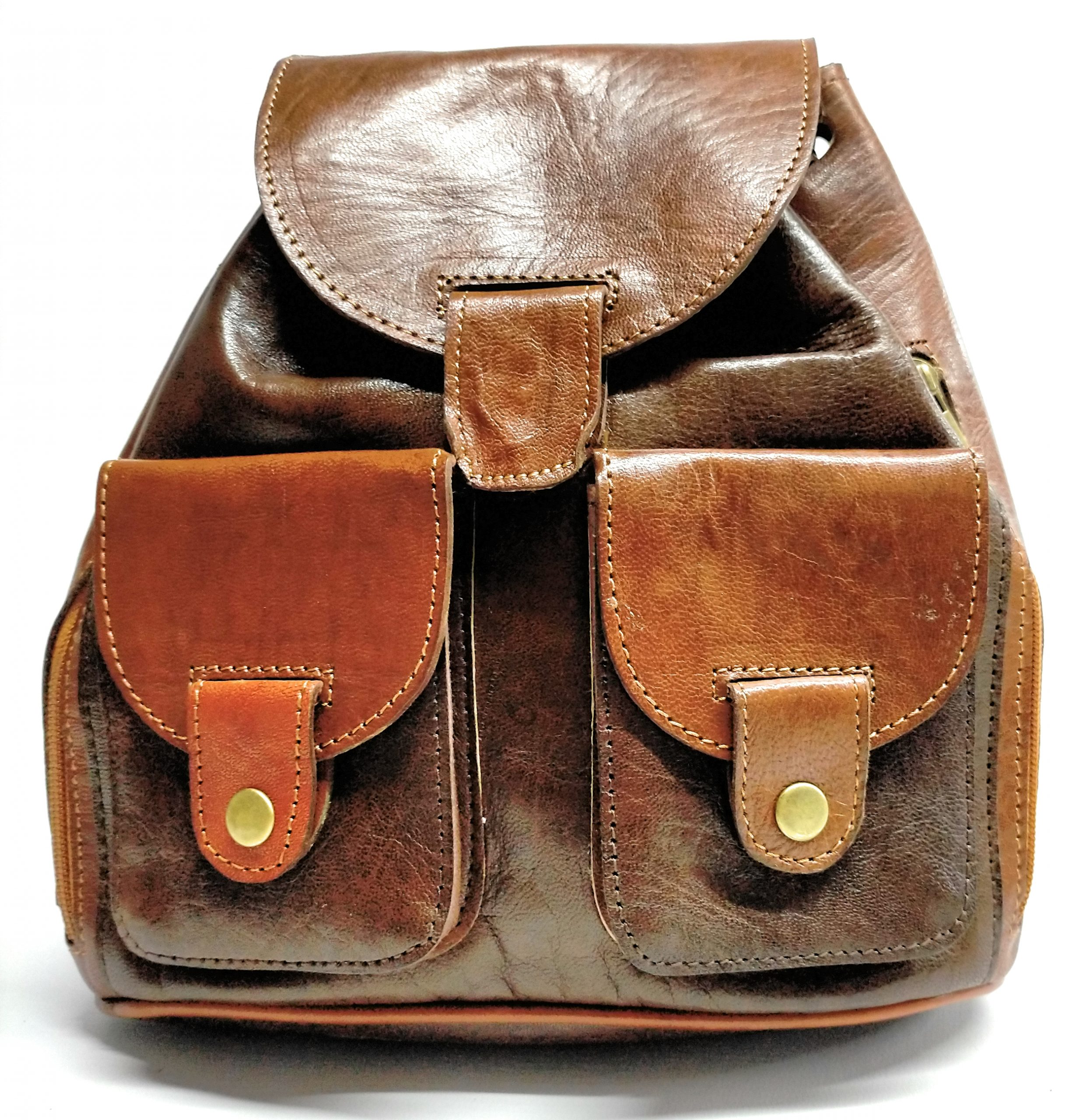 Mochila de piel combinada marrón claro y oscuro